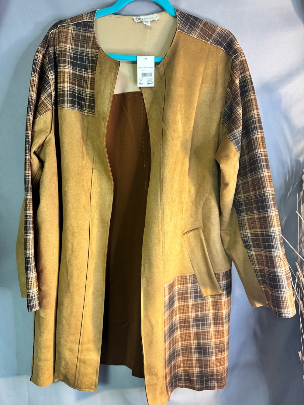 Cato Mustard Brown Plaid Suede-Accent Trench Coat